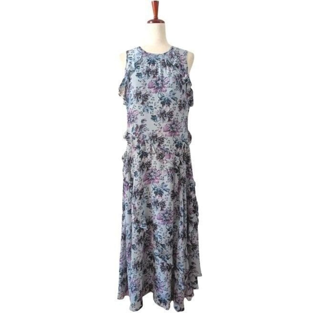 Sundance‎ Floral Print Ruffle Tiered Maxi Dress Blue Purple Sleeveless Women's M